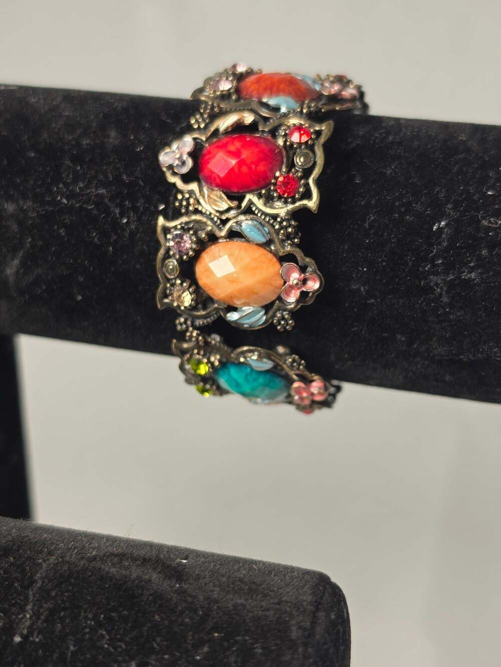 Vintage Style Multicolor Rhinestone and Gemstone Floral Brass Tone Cuff Bracelet